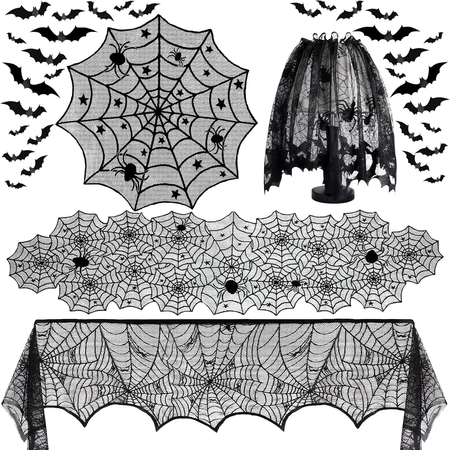 Halloween-Dekorationsset Schwarzes Spinnennetz Tischläufer Kaminumflur-Bezug Lampenschirm mit 3D-Fledermaus-Aufklebern für Party – Detail 1