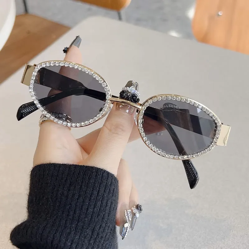 Drill sunglasses female senior feeling INS oval-framed metal glasses fashion European and n Y2K sunglasses