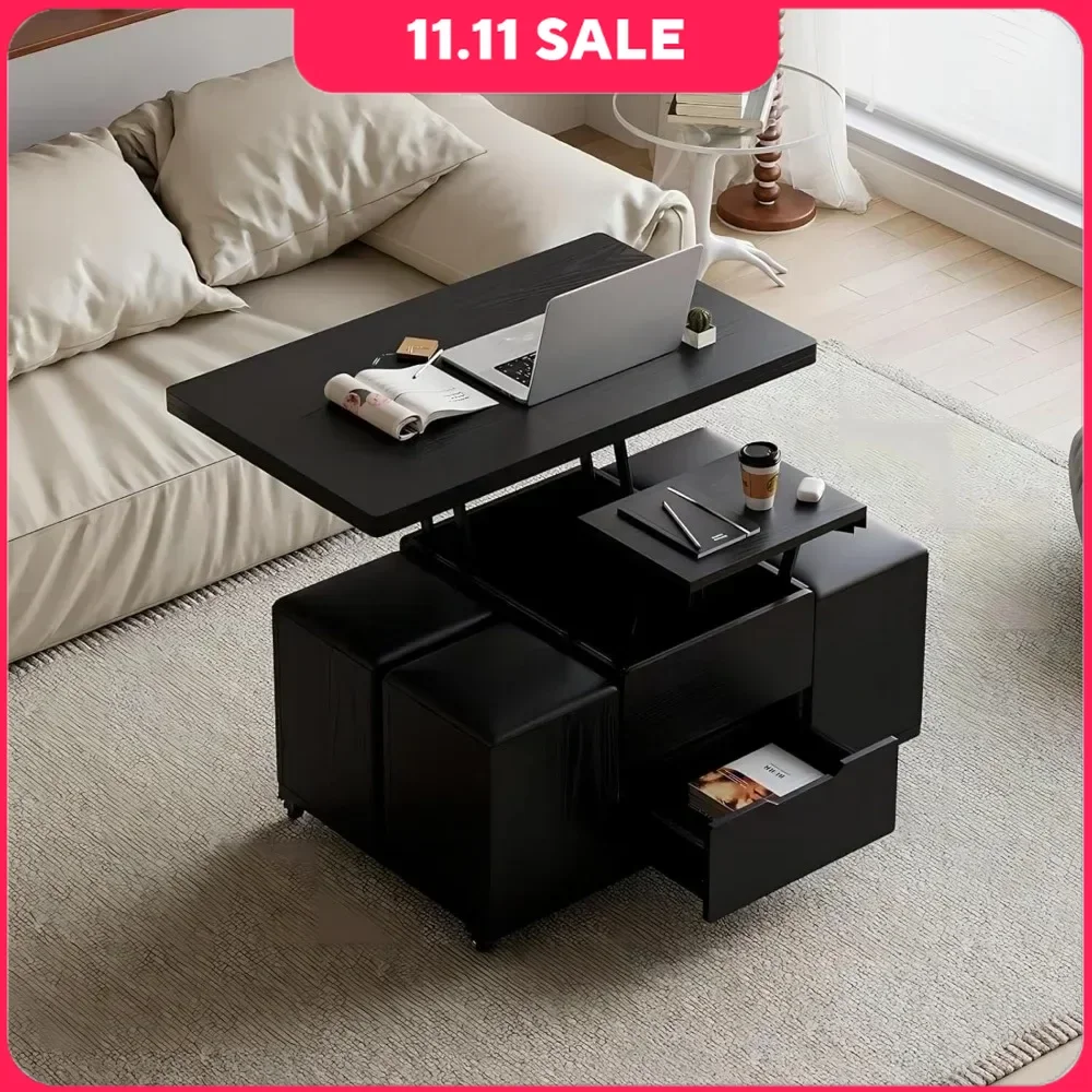 

Coffee Table with Hidden Storage, Multifunctional 3-in-1 Tables with 4 Stools and Lockable Wheels, Lift-Top Coffee Table