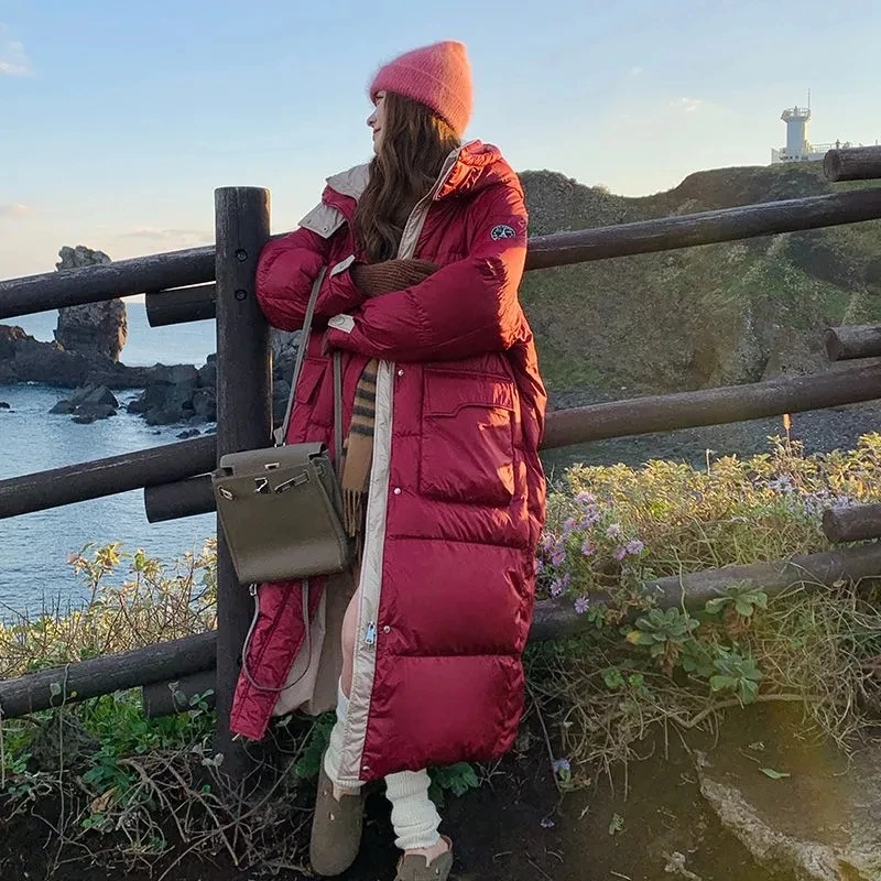 2026 Winter White Duck Down Jacket Women's New Over Knee Loose Thick Hoodie Puffer Overcoat Female Windproof Snow Pike Coats