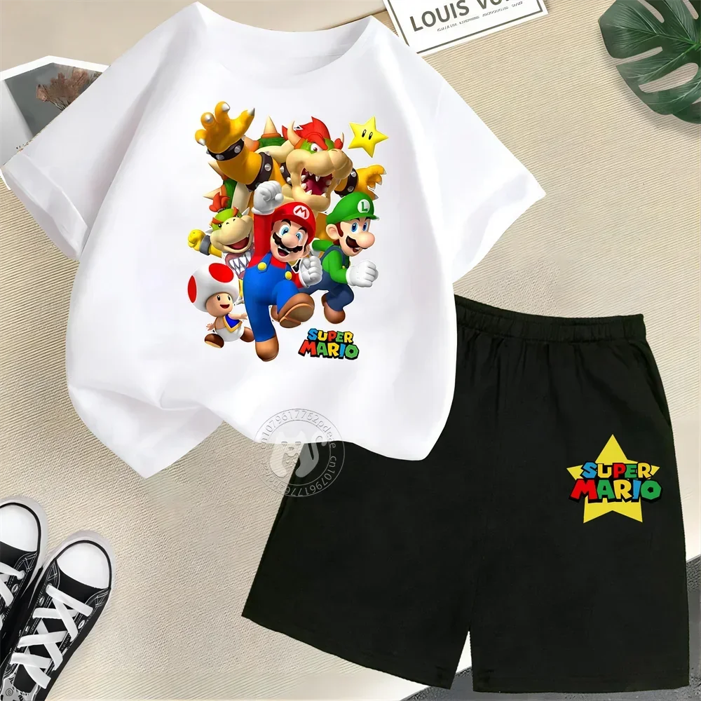 Camiseta 100% de algodón para niños y niñas, pantalones cortos con dibujos animados, divertidos y creativos, moda de Super Mario, ropa informal cómoda para niños