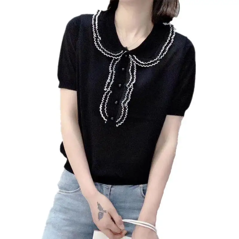 Women Fashion Folds Buttons Patchwork Solid Color Thin Tops Korean All-match Short Sleeve T-shirt Female Clothing Summer 2023