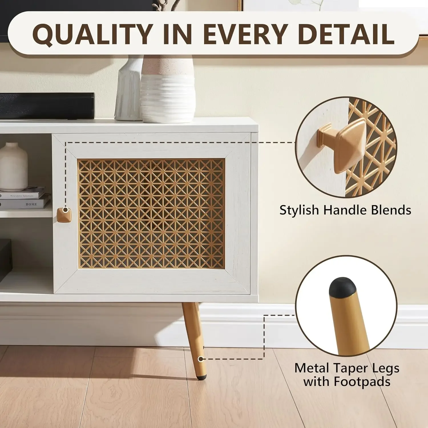 [أفضل بائع، اشترِ الآن! ] حامل تلفزيون أبيض حديث لمنتصف القرن مقاس 65 بوصة مع زخرفة معدنية وخزانة تلفزيون للتخزين الخشبي ورف مفتوح