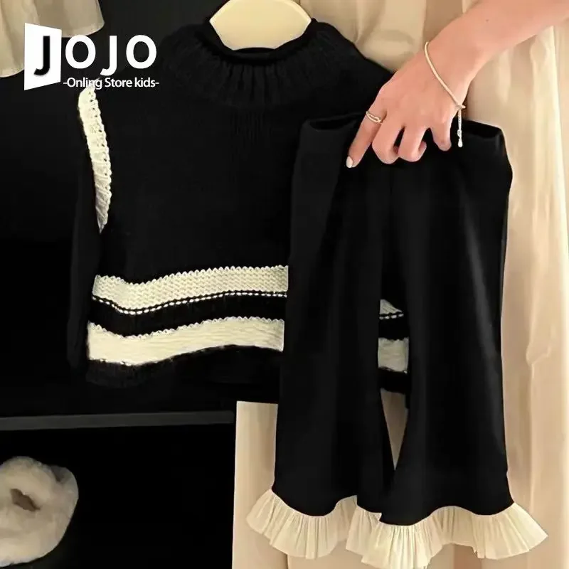 Three Piece Set Girls\' Spring and Autumn Set 2023 New Color Matching Woolen Vest Girl Knitted Bottom Shirt Flare Pants