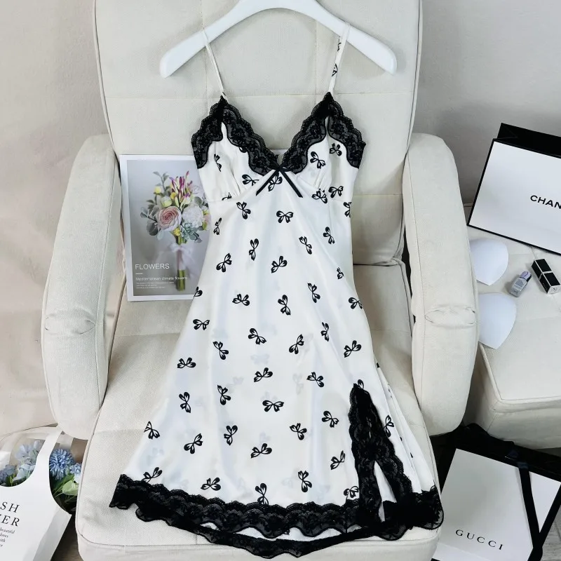 Suspender Nightgown Dress Women Chemise Sleepwear Nightdress Print Flower Nightwear Dressing Gown Satin Home Wear Loungewear