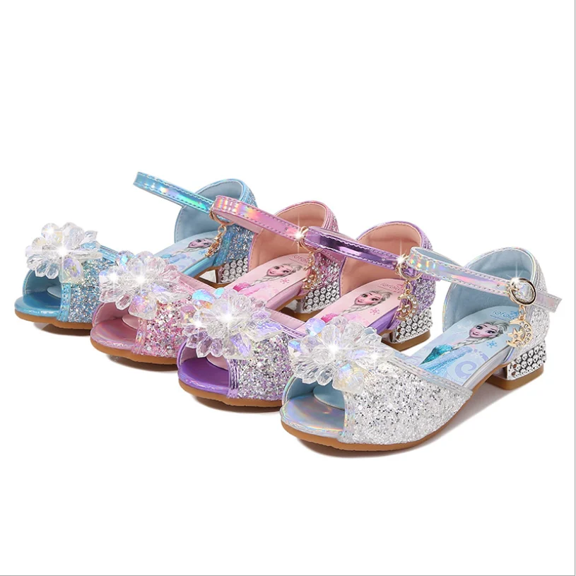 2021 New Frozen Elsa And Anna Girls Sandals With Glitter Bow Princess Kids Soft Shoes