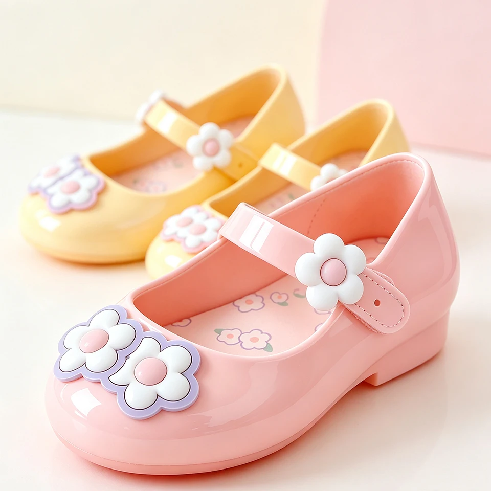 Cute 3D Flower Waterproof PVC Toddler Girls Jelly Mary Jane Flat Candy Shoes Casual Indoor Outdoor Summer Beach Walking Footwear