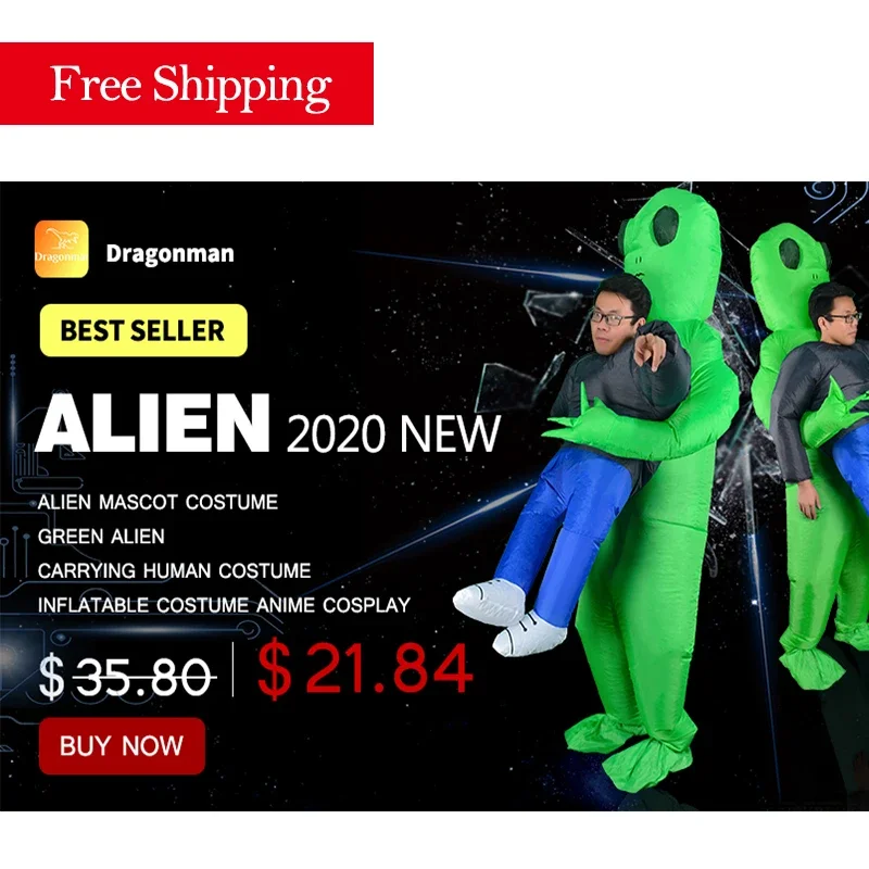 Disfraz inflable de alienígena para hombre y mujer, Cosplay de Anime para adultos, mascota verde para Halloween, Transporte Humano