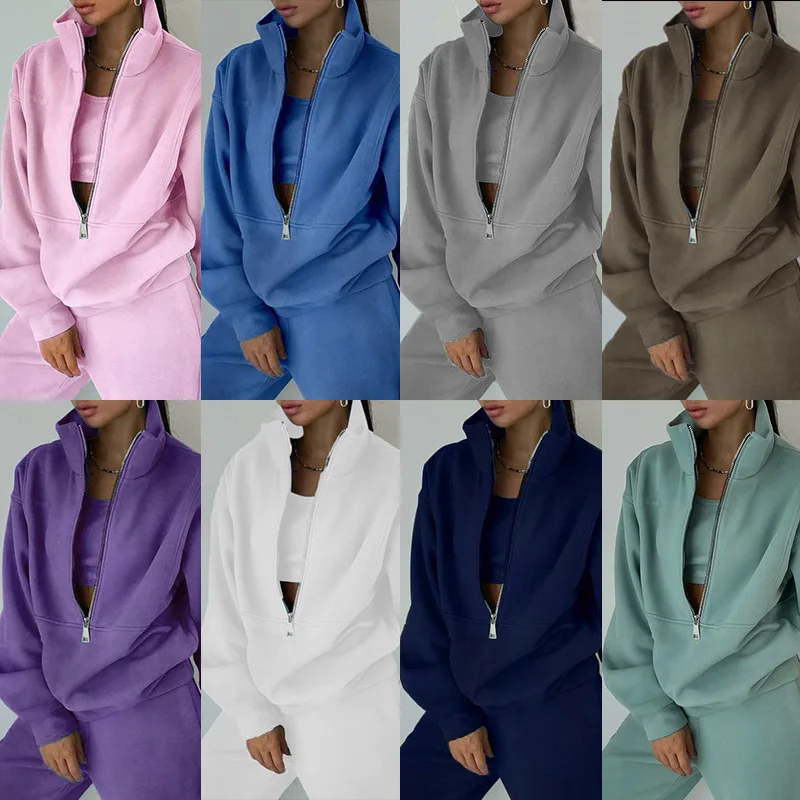 

2025 Autumn Winter Women'S Solid Color Two-Piece Sweatsuit Fleece Sports Long Pants Street Casual Fashionable Tracksuit Oversize