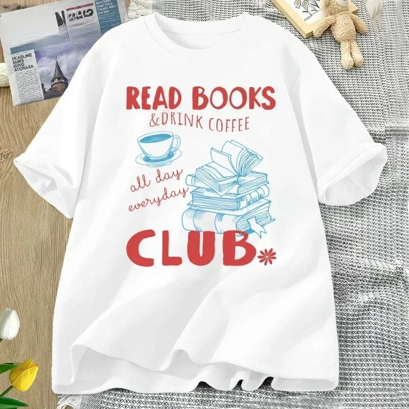 Reading Book and Coffee Club T-shirt Women Casual Short Sleeve Tshirt Clothing Vintage Bookish Tops Graphic Aesthetic Clothes