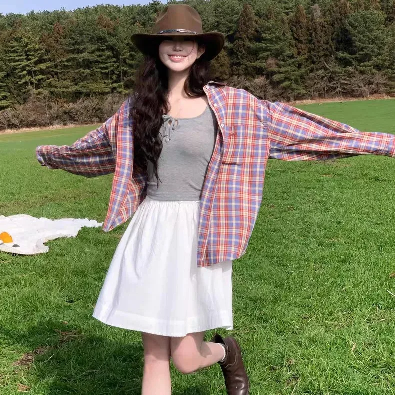 

Korean Style Long Sleeve Shirt Embroidered Plaid Collar Pocket Oversize Versatile Top Women's Fashion Summer 2026