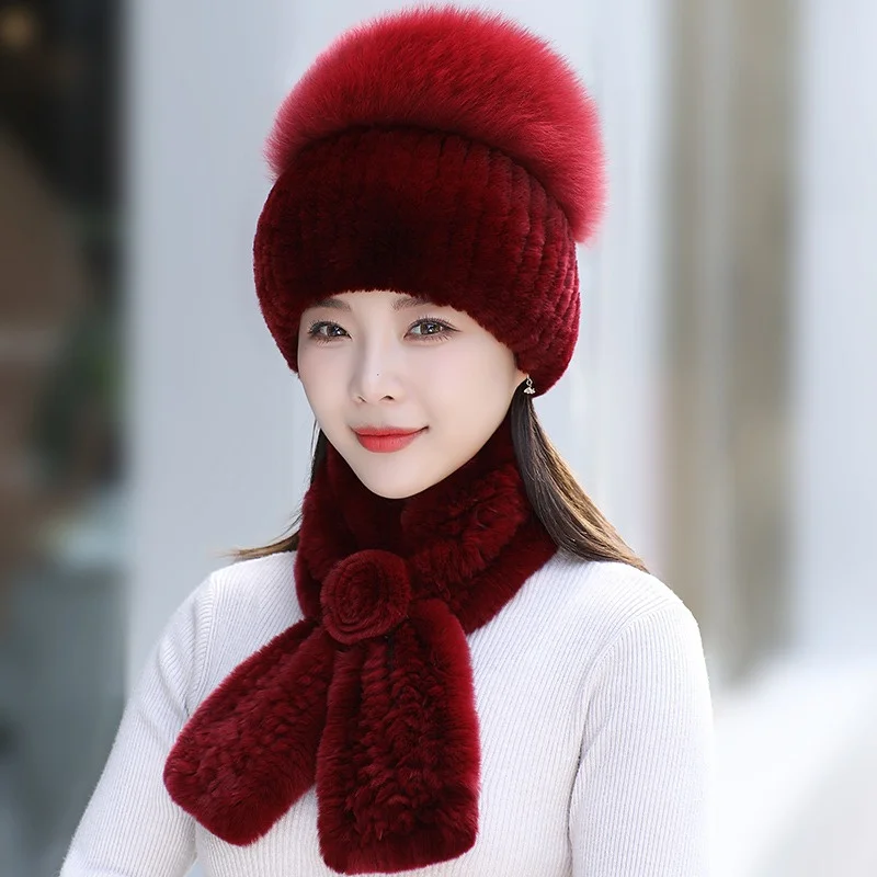 New hat fur Rex rabbit hair hat fox hair princess hat scarf two-piece set Korean fashionable and versatile