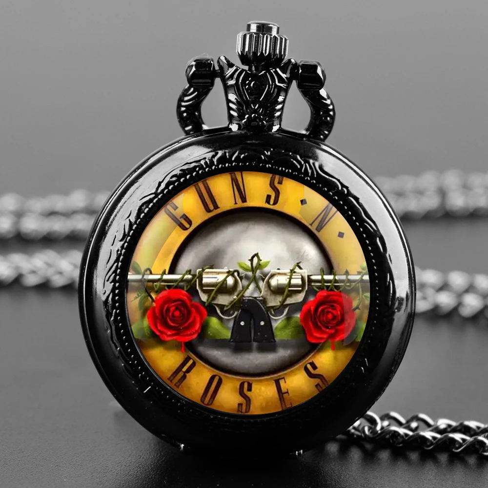 Black Stainless Steel Guns N Roses Bullet Logo  Dome Quartz Pocket Watch Necklace Women Jewelry Pendant Chain Children Gifts