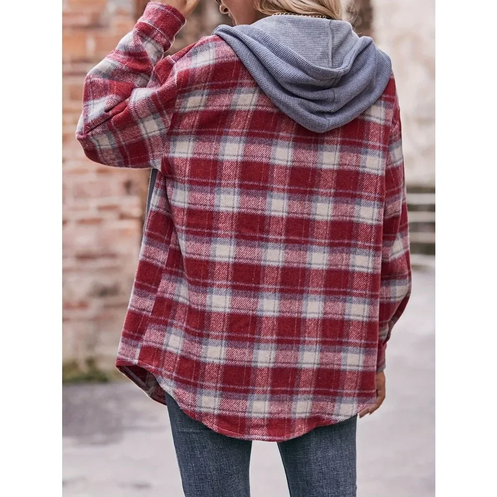 حجم كبير 1XL-5XL المرأة موضة كم طويل الخريف والشتاء الفانيلا منقوشة سترة السيدات عادية زر وهمية الرقبة سترة