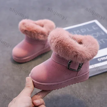 Botas de nieve de algodón para niños, botas de nieve cortas gruesas de felpa cálidas para invierno, botas de nieve informales antideslizantes acolchadas de princesa para niños