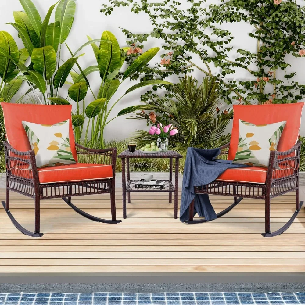 

3 Pieces Patio Furniture Set, Outdoor Rocking Chairs Set of 2, Wicker Cushioned Patio Rocker with Side Table for Porch, Garden,