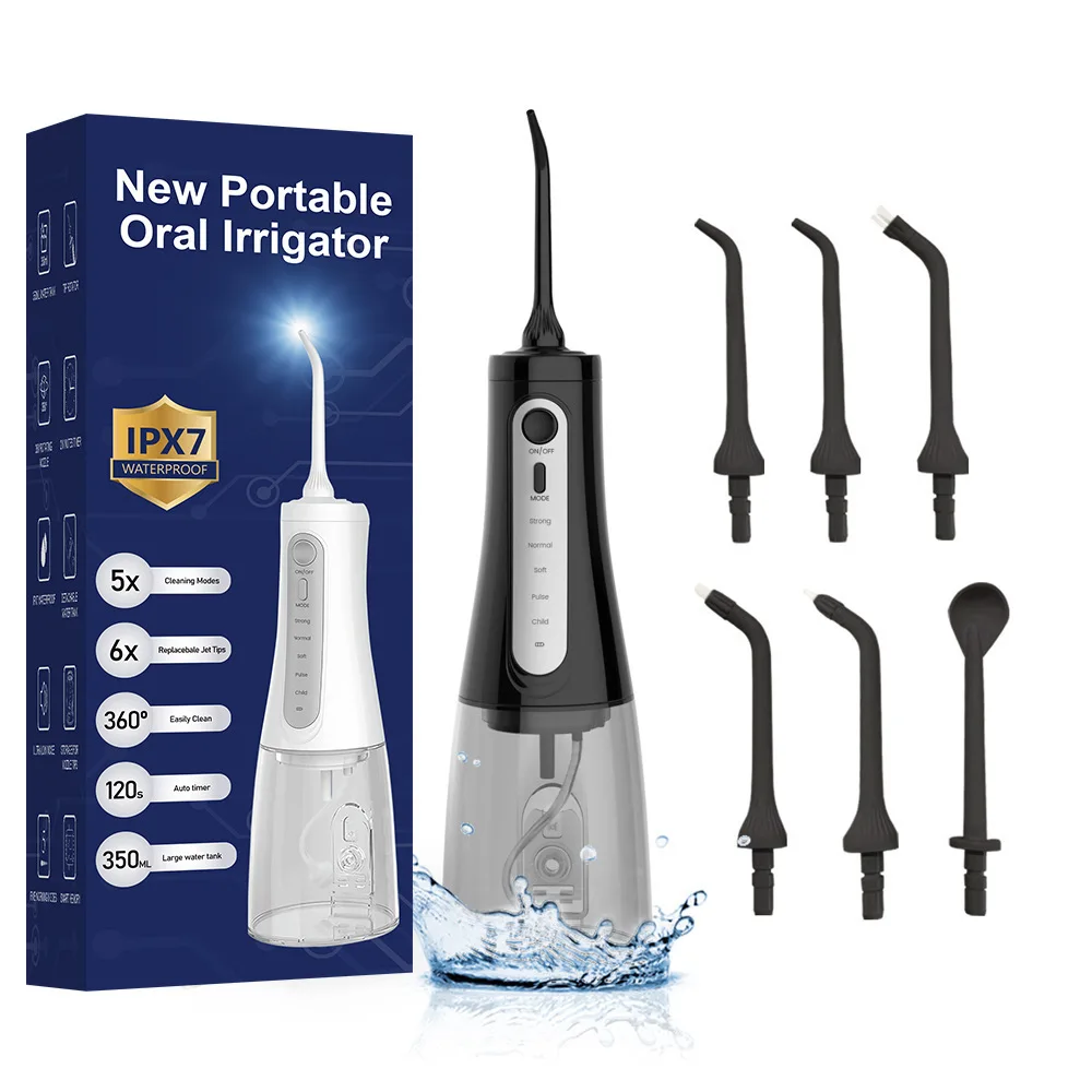 

New Protable Oral Irrigator Water Flosser Rechargeable with 6Nozzle Dental Water Jet 350ML Detachable Water Tank IPX7 Waterproof