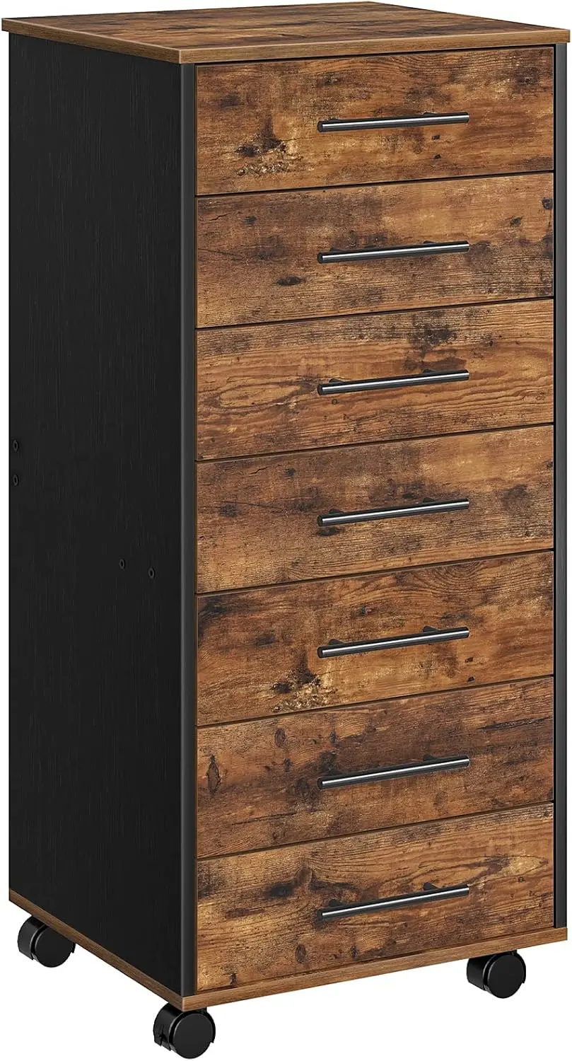 

7-Drawer Wooden File Cabinet, Mobile Storage for Home Office, Easy Assembly in Rustic Brown and Black