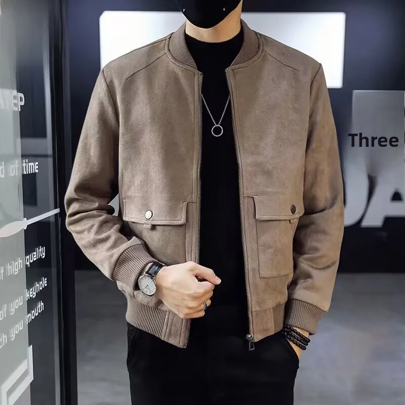 

Мужская свободная куртка с бейсбольным воротником из оленьей кожи, осенняя модная верхняя одежда с длинными рукавами, на молнии, из полиэстера