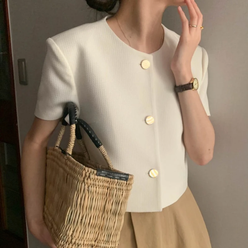 

Spring Summer Elegant Women's Jackets 2025 New Short Sleeve Korean O-neck Single Breasted Solid Short Outwear Female