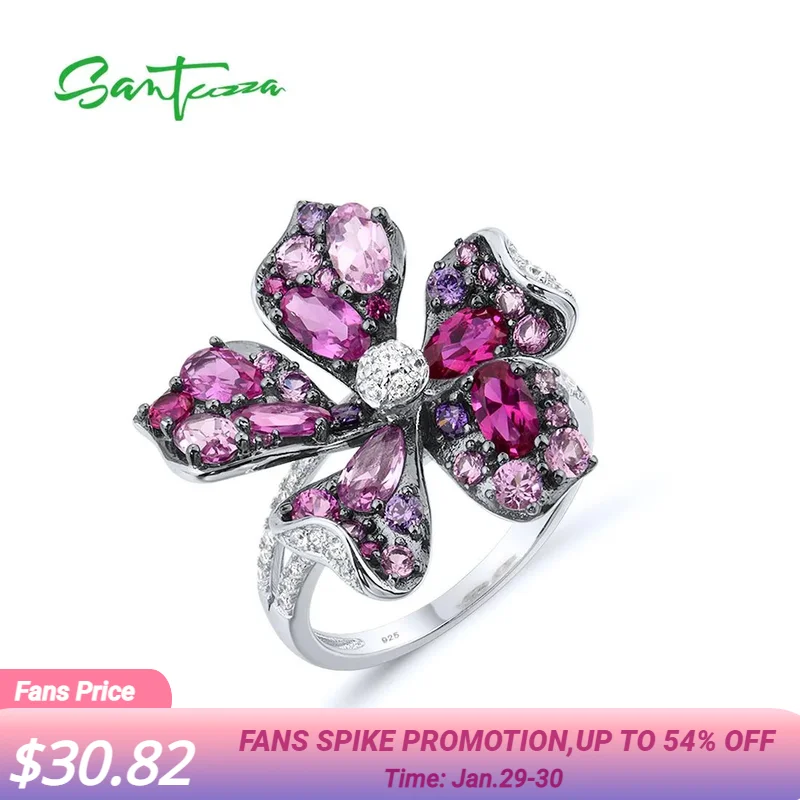 SANTUZZA Silver Ring For Women Genuine 925 Sterling Silver Sparkling Pink Red Stones Blooming Lily Flower Lovely Fine Jewelry