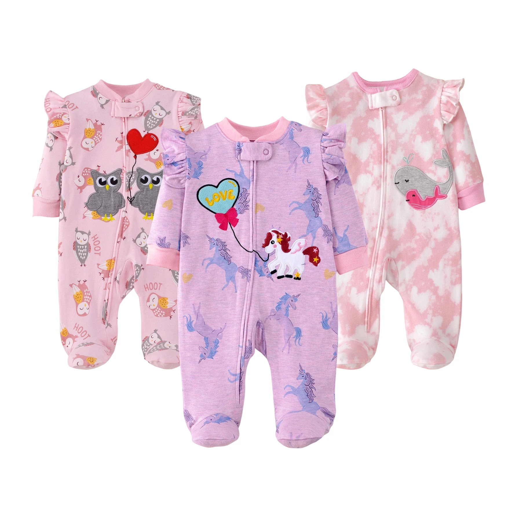 Romper Onesie Baby - ชุดรอมเปอร์เด็กทารกผ้าฝ้ายแท้ แขนระบาย ลายการ์ตูนทั่วตัว พร้อมลายปัก ซิปหน้า สำหรับเด็กแรกเกิด