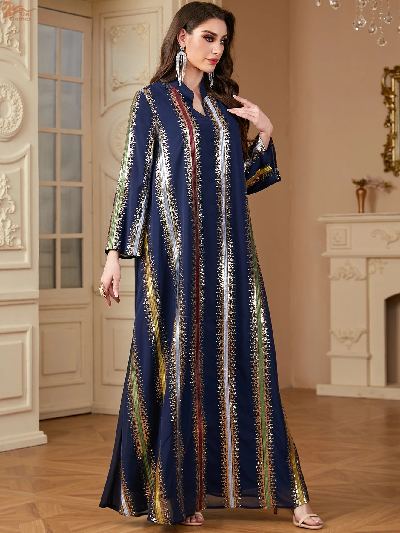 Uni Ramadan Dubai Embroidery Sequins abaya Stripe Loose Kaftan Muslim Elegant Women Evening Dress