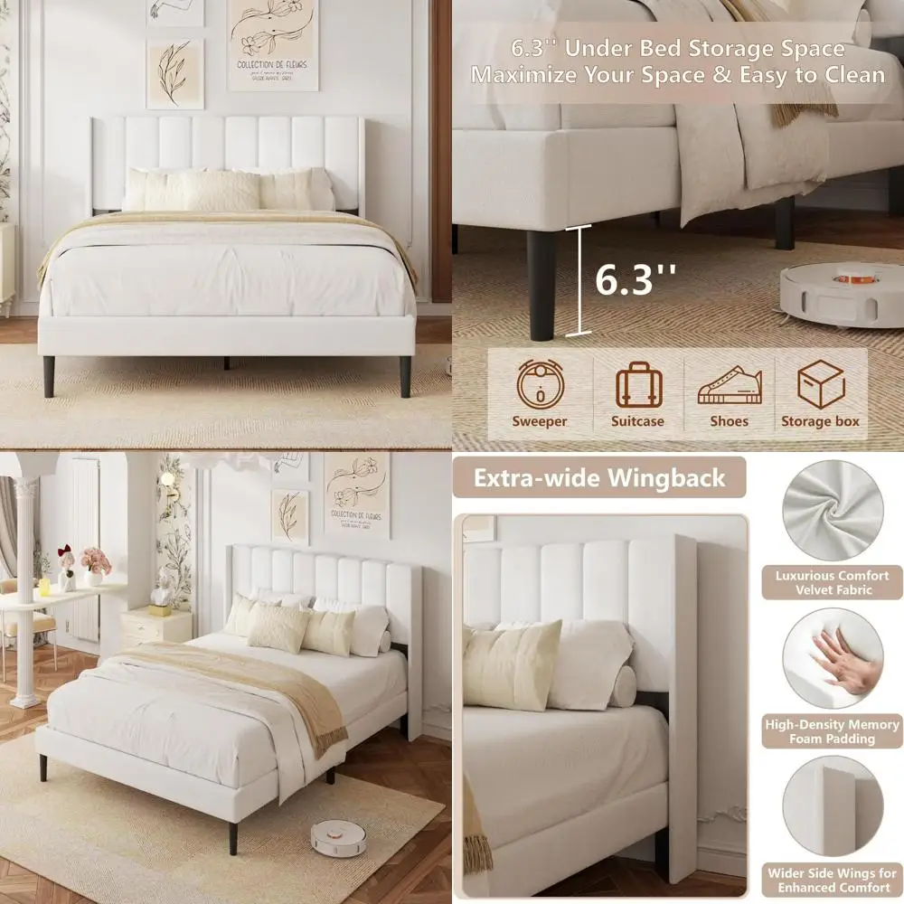 

Full-Size Velvet Wingback Bed Frame with Vertical Channel Tufting and Upholstered Platform, No Box Spring Required, Size S