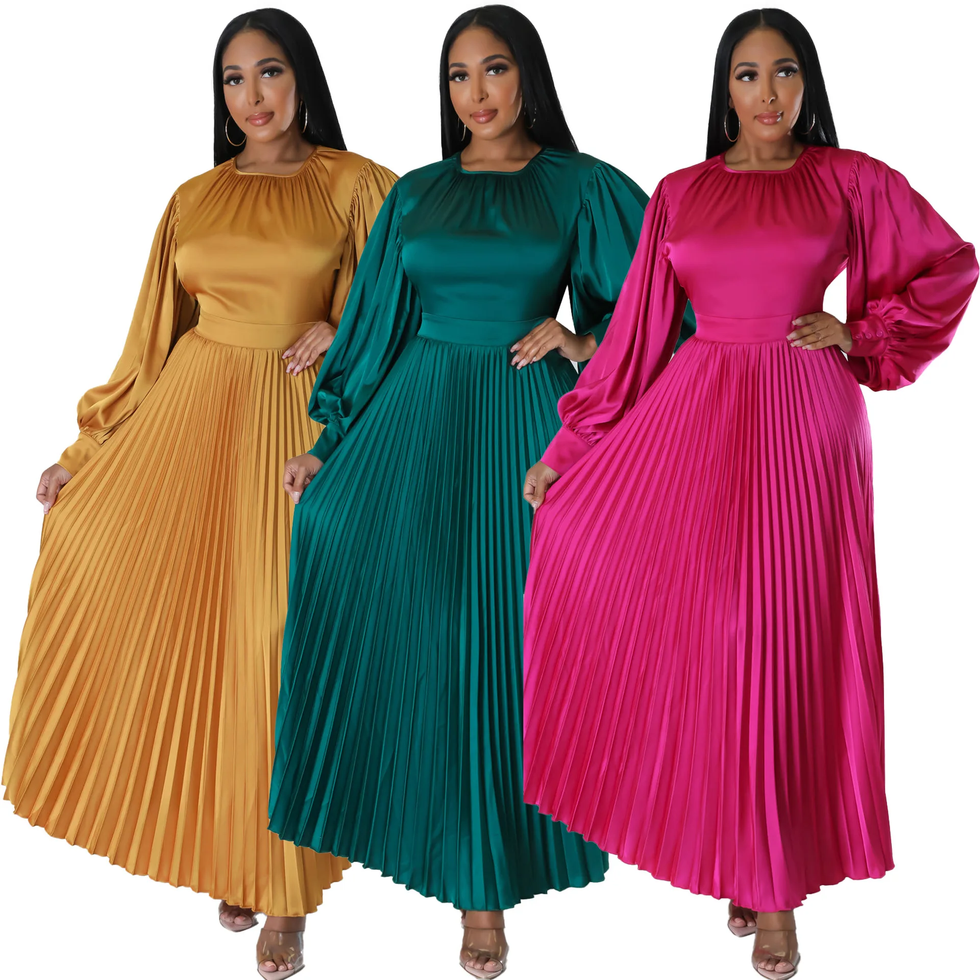 Outono africano feminino manga longa o-pescoço cor sólida poliéster vestido plissado maxi vestidos africanos para mulher S-2XL