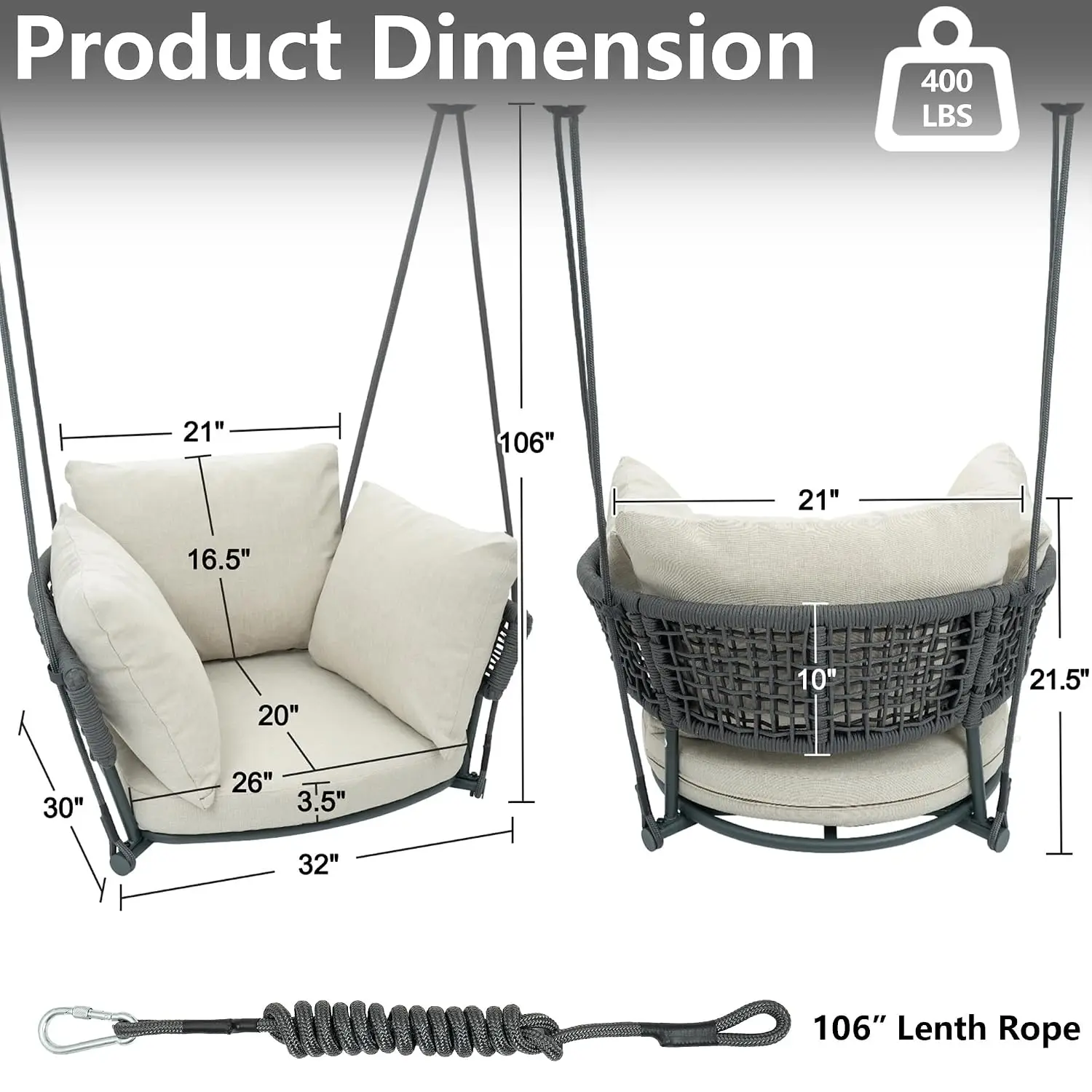 Swing Chair Outdoor, Single Hanging Porch Swing, Ceiling Hanging Chair for Bedroom, 106