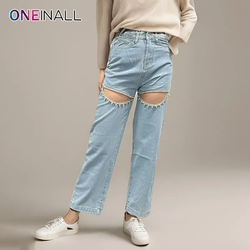 

ONEINALL Hollow Out Jeans For Women Hight Waist Pathcwork Zipper Loose Folds Spliced Diamonds Spring Denim Pants Female 2024 New