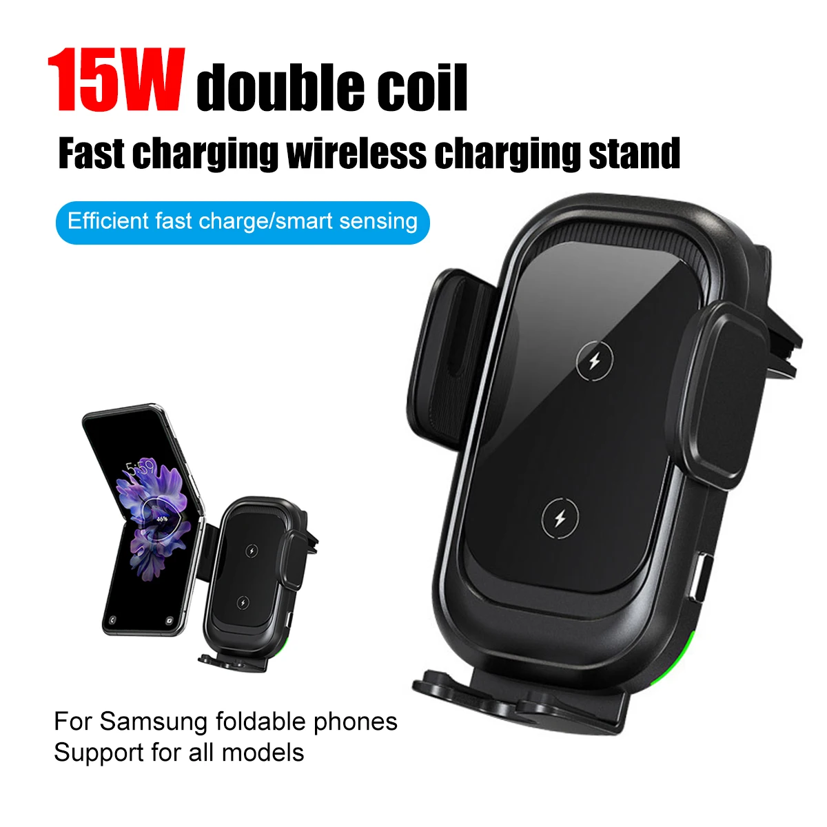 15W Dual Coil Wireless Car Charger for Samsung Galaxy Z Flip 4 3 S22 S21 iPhone Auto Clamp Fast Car Charging Phone Mount Holder