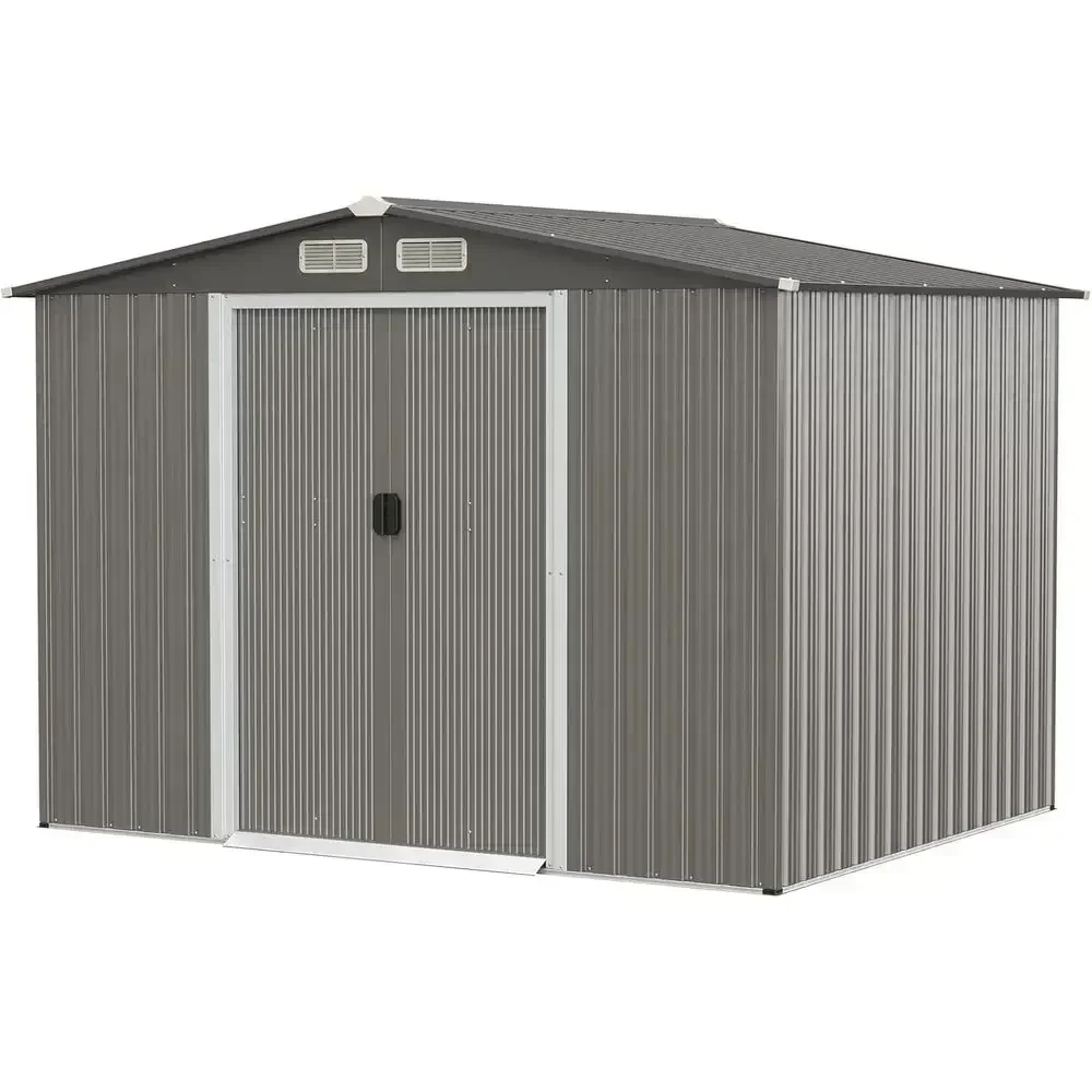 Weather-Resistant Outdoor Storage Shed, 8.5' x 6.8' x 6', Galvanized Steel, Utility Organizer with Foundation, Louvers, Double D
