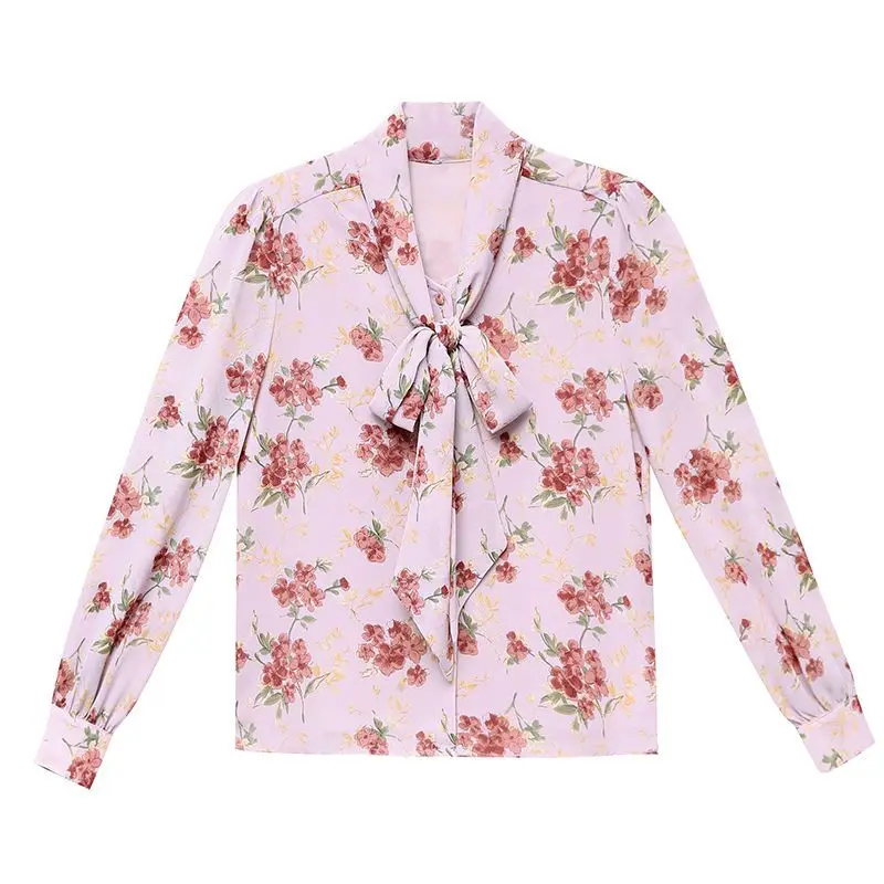 2024 Spring NewChiffon Loose Floral Top Tee Ladies Long Sleeve Blouse Autumn Elegant Bow Shirts Women Clothes Fashionable Tops