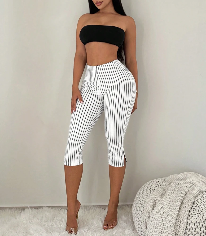 Damen Caprihose mit Zebramuster, hoher Taille, seitlichem Schlitz, enganliegend, kurz geschnitten, Y2K Bodycon Hose, Party- und Clubkleidung – Detail 4
