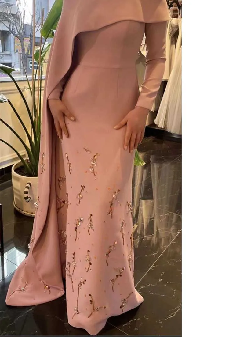 Hot Sale Off The Shoulder Long Sleeves Pink Crepe Beaded Mermaid  فساتين السهرة vestidos de fiesta  فساتين سهره evening dresses