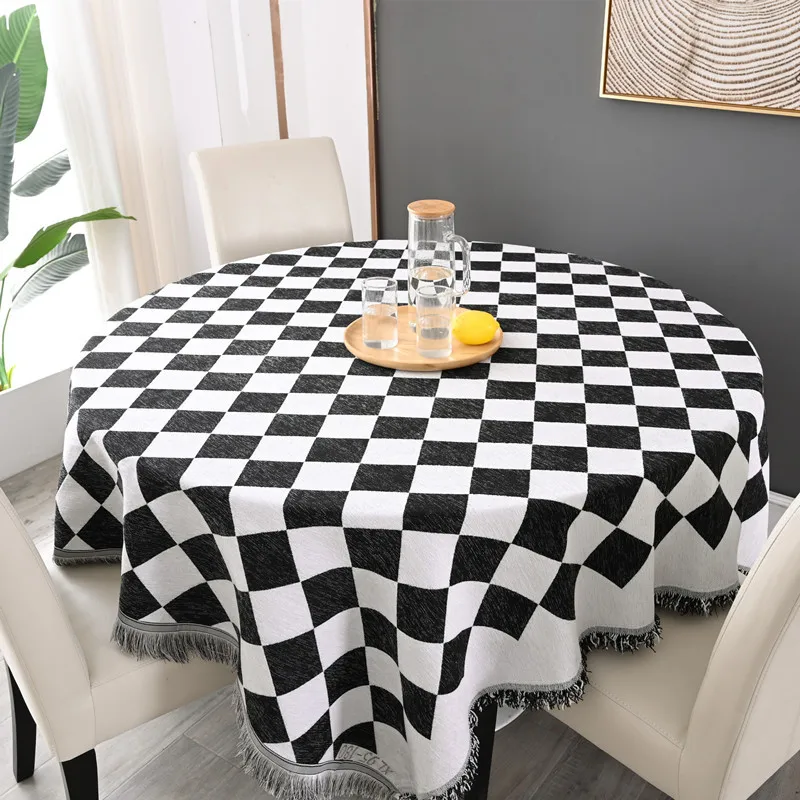 Custom Chenille Bigger Size Art Dining Tablecloths Living Room Cloth Cover Household Checkerboard Round Table Cloth