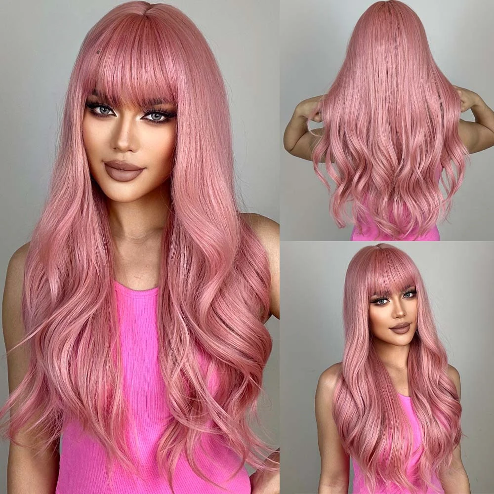 Wig Cosplay bergelombang panjang keriting merah muda sintetis untuk wanita gelombang air alami Halloween wig Lolita tahan panas