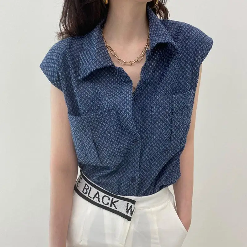 Vintage Denim Jacquard Weave Shirt Summer Casual Loose Female Clothing Streetwear Single-breasted Pockets Stylish Korean Blouse