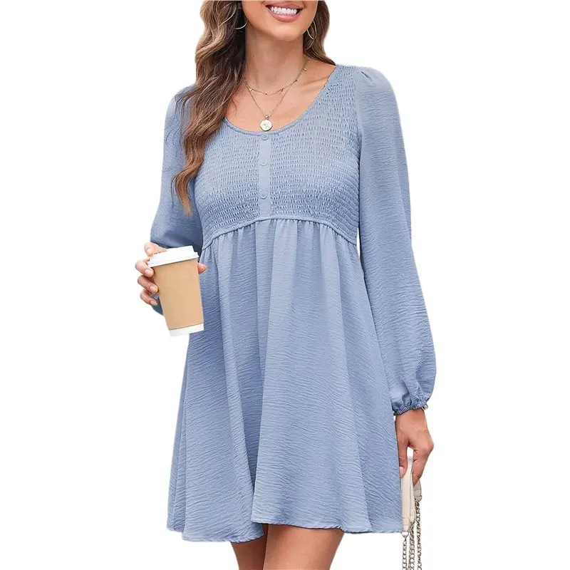 AT33 Women's Casual Dresses Smocked Crewneck Button Up Long Sleeve Waist A-Line Mini Dress