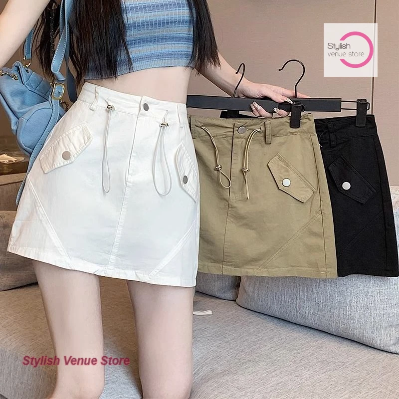 

French frock short skirt female summer high waist fashion design sense niche spice girl drawstring casual Joker bag hip skirt