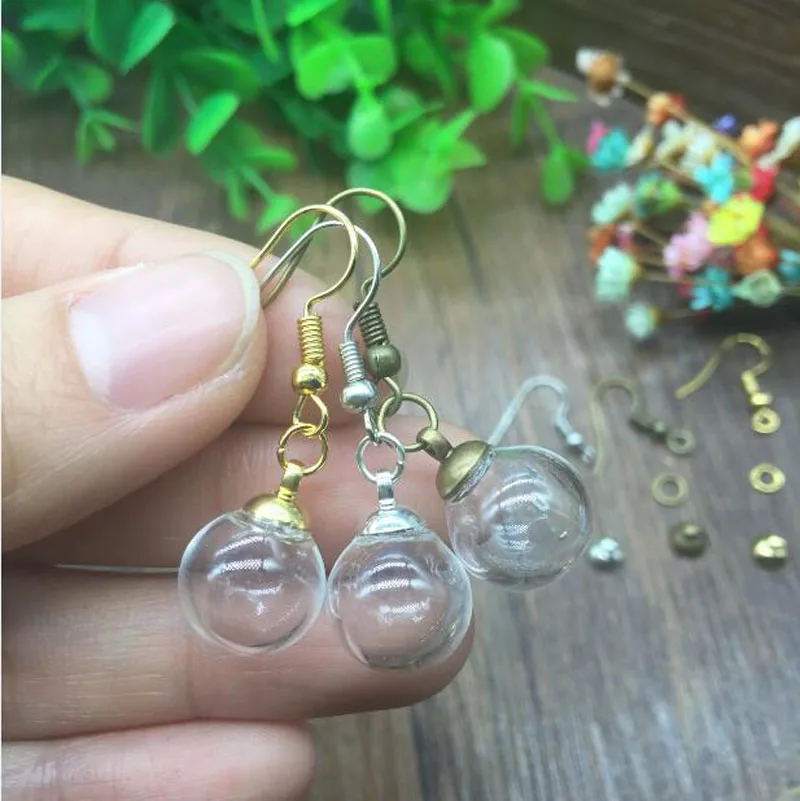 5pair 10-40mm Hollow Glass Ball With Earring Wire Cap Set Silver Plated Orb Glass Earrings Materials Jewelry Findings