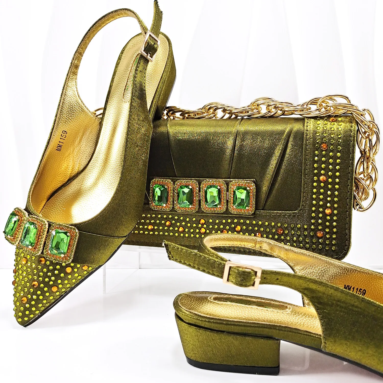 Hot Sale Olive Women Low Heel 3.8CM Shoes Match Crystal Handbag African Pumps And Bag Set MM1159