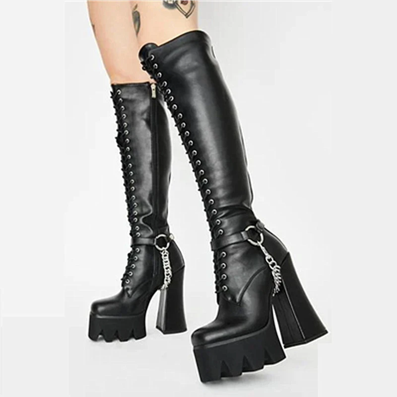 

Fashion New Chain Black Leather Long Boots Women Brand Design Platform Thick High Heels Knee High Boots Punk Style Knight Boots