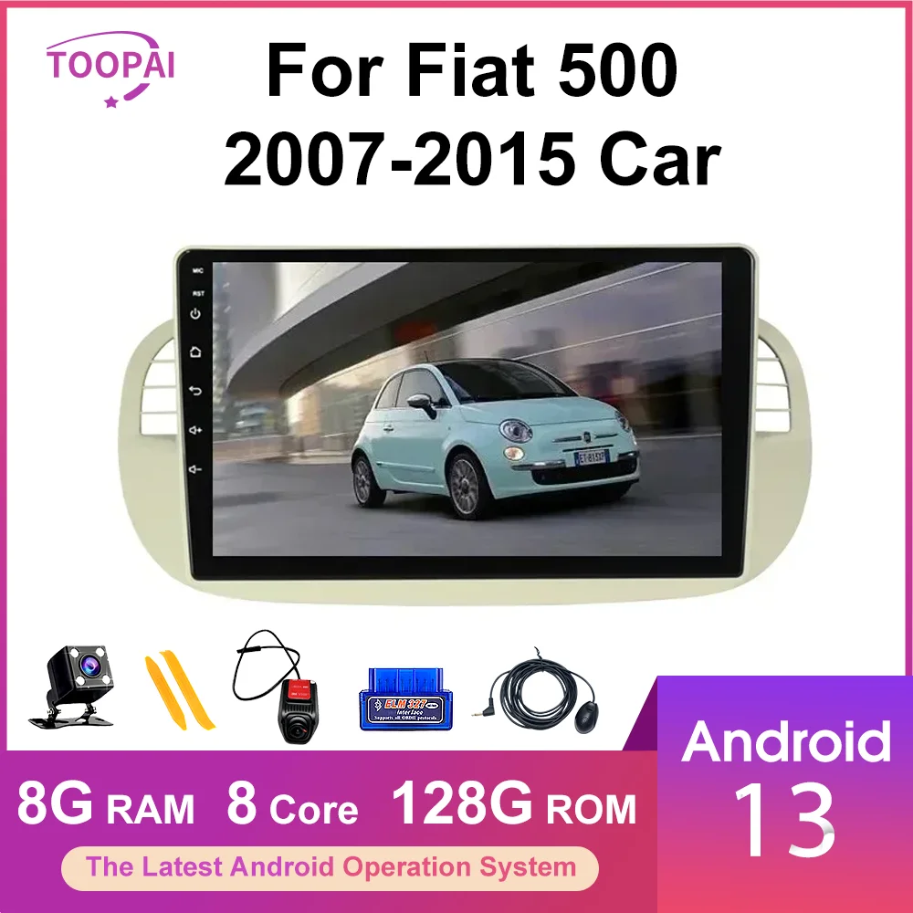 TOOPAI  Android 13 For Fiat 500 2007-2015 Car Multimedia Player GPS Navigation Console Stereo Player SIM DSP Carplay