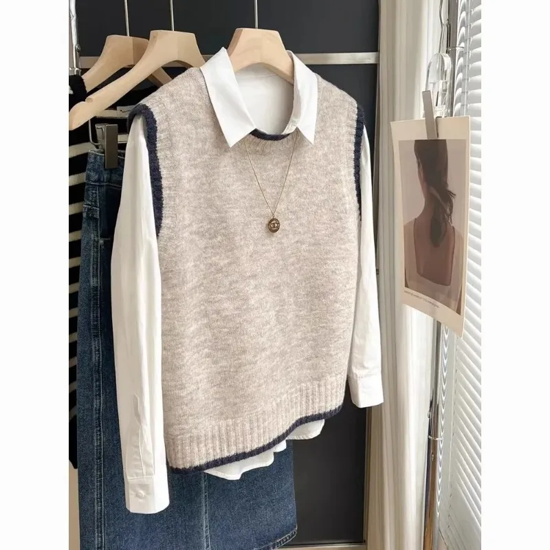 

Серый вязаный свитер, женский комплектный жилет в японском стиле, короткий шерстяной жилет с круглым вырезом