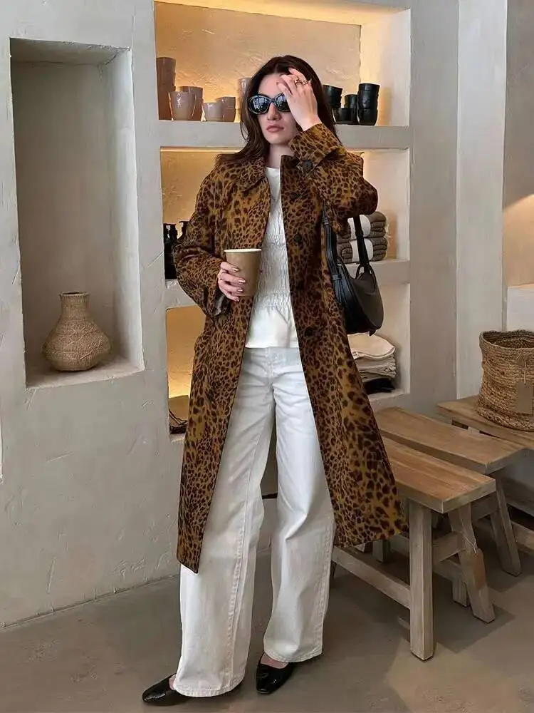 

2025 Female Vintage Leopard Print Windbreaker Sleeves Lapel Long Jackets Streetwear Single Breasted Trench Coats