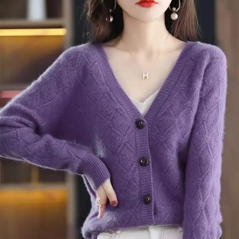 

Весна-Осень 2022, новый вязаный кардиган, верхний женский свободный свитер с v-образным вырезом и ромбовидной кабелью, куртка