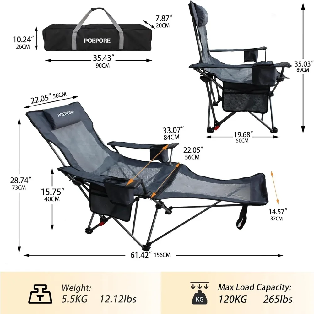 Reclining Camping Chair with Removable Footrest Lounge Chair with Headrest, Cotton Cushion, Portable Adjustable Folding Chairs