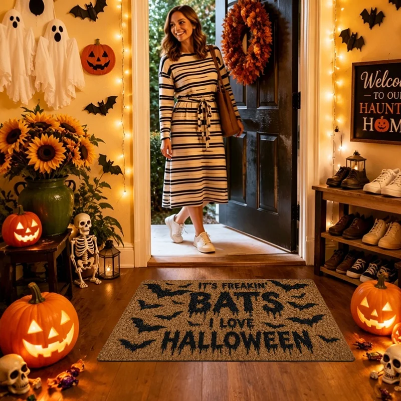 Halloween Bat Quote Doormat, Text Bat Pattern Entryway Floor Mat, Spooky Holiday Front Door Decor
